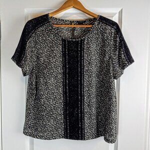 Ann Taylor B&W Print Lace Mesh Trim Short Sleeve Top